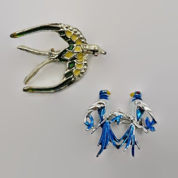 Jewelry - Bird Brooches, Lot of 2, Enamel, Blue Bird, Swallow, Vintage, Gold Tone, Silver